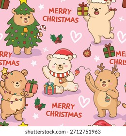 Oso de peluche lindo que se divierte en el día de Navidad en el patrón transparente de fondo rosa