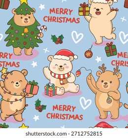 Oso de peluche lindo que se divierte en el día de Navidad sobre fondo azul sin patrón