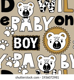 Cute teddy bear head with baby boy and wild one phrase vector illustration. Can be used for textile,  background, book cover, packaging.