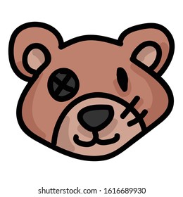 Cute teddy bear head button plush clipart. Hand made kids soft toy. Fun hand drawn cuddly fluffy animal doodle in flat color. Isolated love, child, cub. Vector EPS 10. 