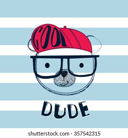 cute teddy bear head with glasses and baseball cap, T-shirt design vector illustration