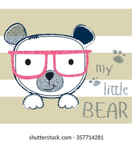 cute teddy bear head with glasses on striped background, T-shirt design vector illustration