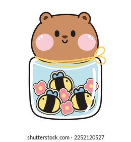 Cute teddy bear head jar have bee and flower cookies on white background.Animal face hand drawn.Food and dessert.Isolated.Kawaii.Vector.Illustration.