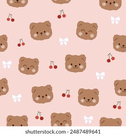 cute teddy bear heads , cherries and bows  seamless pattern on pastel pink background , vector illustration