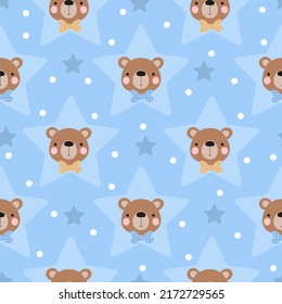  Cute Teddy bear heads seamless pattern on a blue background with stars.  Design for baby boy textiles, packaging, backgrounds, wallpapers.