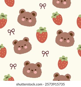 cute teddy bear heads with strawberries and bows seamless pattern , vector , illustration