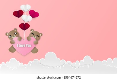 Cute teddy bear with a heart balloon in paper cut style for Valentines card and banner .vector illustration.