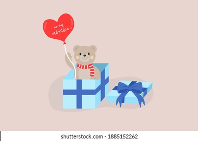 Cute teddy bear with heart balloon in blue box for Valentines theme.