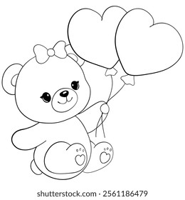 Cute Teddy Bear with Heart Balloons Coloring Page