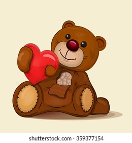 Cute teddy bear with heart in his hand. Vector illustration