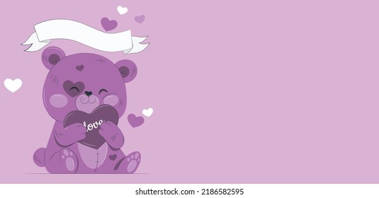 Cute teddy bear with heart isolated on purple. Valentine's day celebration. Teddy bear hugging heart-shaped pillow, Valentine's day concept