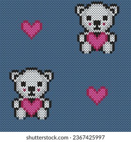 Cute teddy bear with heart jacquard knitted seamless pattern. Background for baby wear knitting design. Vector illustration	