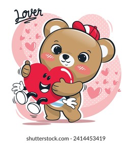 Cute teddy bear and heart mascot happy together on Valentine's Day. isolated on white background illustration vector. 