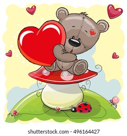 Cute Teddy Bear with heart on the mushroom