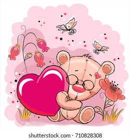 Cute Teddy Bear with heart on a pink background