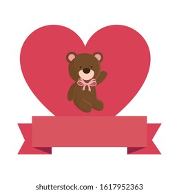 cute teddy bear with heart and ribbon vector illustration design