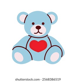 Cute teddy bear with heart. Romantic icon for valentines day. Vector illustration in flat style