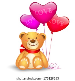 Cute teddy bear with in heart shape balloons, festive icon, valentines day