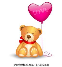 Cute teddy bear with in heart shape balloons, festive icon, valentines day