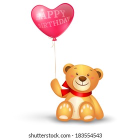 Cute teddy bear with in heart shape balloons, festive icon, birthday greetings