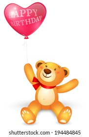 Cute teddy bear with in heart shape balloons, birthday greetings