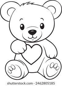 Cute Teddy Bear with Heart Sign for Coloring Book, Black and White Cartoon Illustration