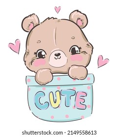 Cute Teddy Bear and heart sitting in a pocket Kids print vector illustration 