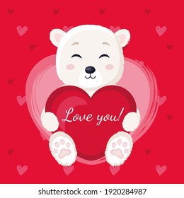 Cute teddy bear with heart. Valentine's bear in love. Hearts background.