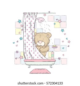 Cute teddy bear at heart. Vector illustration. Bear swims in the bathtub.