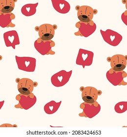 cute teddy bear with hearts, bedding pattern for kids, wrapping paper, vector textile fabric print