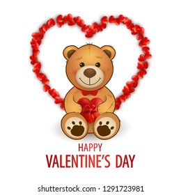 Cute teddy bear with hearts and hearts frame. Happy Valentine's day card. Romantic greeting card