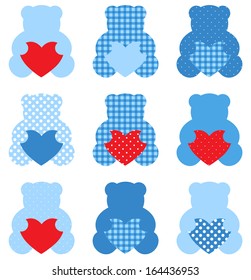 Cute Teddy Bear with hearts set isolated on white ( blue & red )