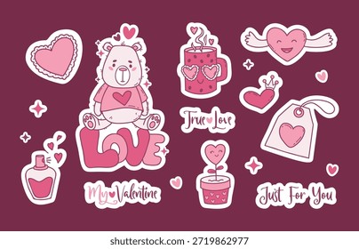 Lindo oso de peluche y corazones paquete de pegatinas. Colección de Elementos y Citas del Día de San Valentín. Dibujado A Mano Rosa Aislado. Ilustración vectorial. No es IA
