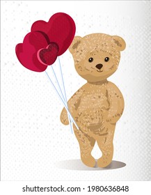Cute teddy bear with hearts, vintage toy for cards, congratulations, design. Vector illustration.