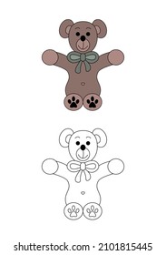 Cute teddy bear with his bow tie. Coloring page for kids. Vector illustration.