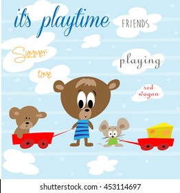 Cute teddy bear and his friends playing in vector illustration