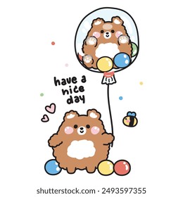 Cute teddy bear hold bubble with ball.Bear doll stay in bubble.Bee.Have a nice day text.Wild animal character cartoon design.Celebrate party.Birthday.Kawaii.Vector.Illustration.