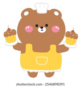 Cute teddy bear hold chocolate cherry cupcake.Bakery.Sweet and dessert.Wild animal character cartoon design.Kawaii.Vector.Illustration. 