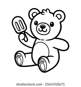 cute teddy bear hold ice cream cartoon character isolated drawing line art style sketch classic vintage design illustration