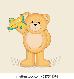 Cute teddy bear holding airplane toy on beige background.  