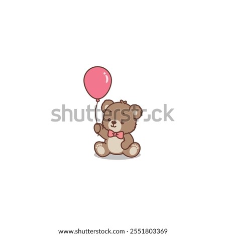 Cute teddy bear holding balloon cartoon, vector illustration