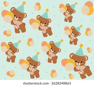cute teddy bear holding balloons vector pattern