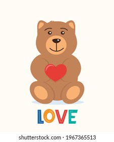 Cute Teddy bear holding big red heart in the paws. The concept of Valentine's Day. Flat vector illustration