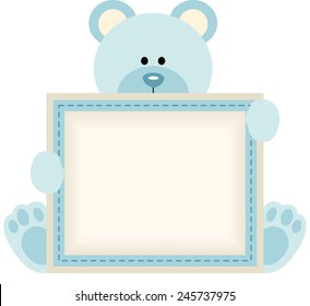 Cute Teddy Bear Holding Blank Sign For Baby Boy Announcement