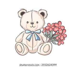 Un oso de peluche lindo que sostiene un ramo de flores en un diseño simple y alegre