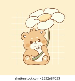 Cute teddy bear holding flower kawaii character animal