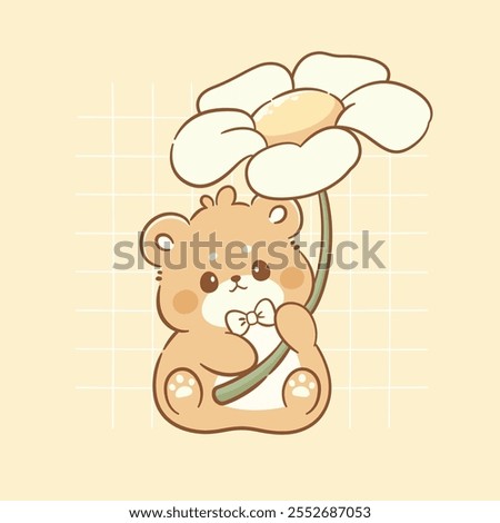 Cute teddy bear holding flower kawaii character animal