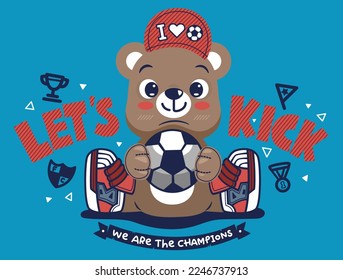 Cute teddy bear is holding a football ball isolated on blue background illustration vector, for t-shirt print.
