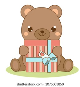 Cute teddy bear holding gift box. Cartoon animal in kawaii style. Isolated vector illustration