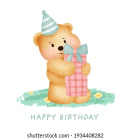 Cute teddy bear holding a gift box for birthday card.